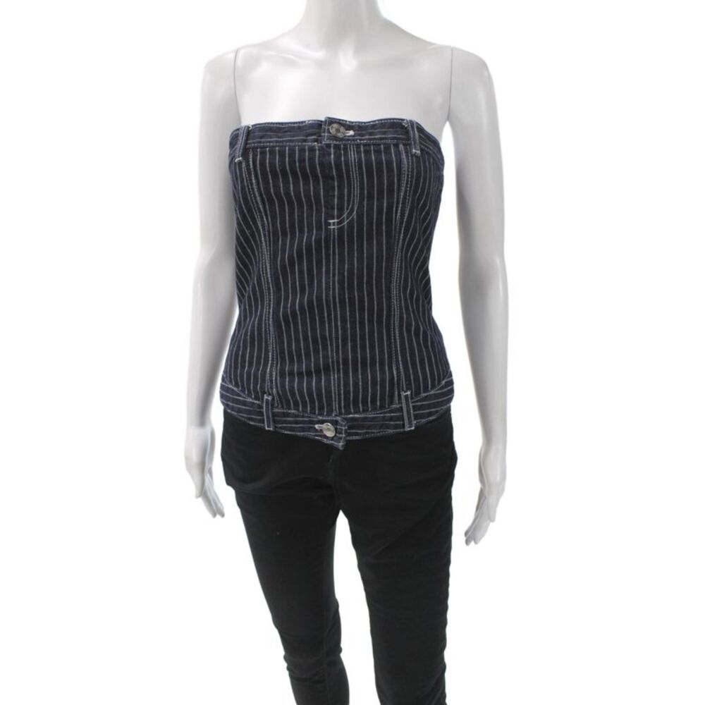Zara Women Sleeveless Striped Cotton Top Dark Blue 90s Button Size M